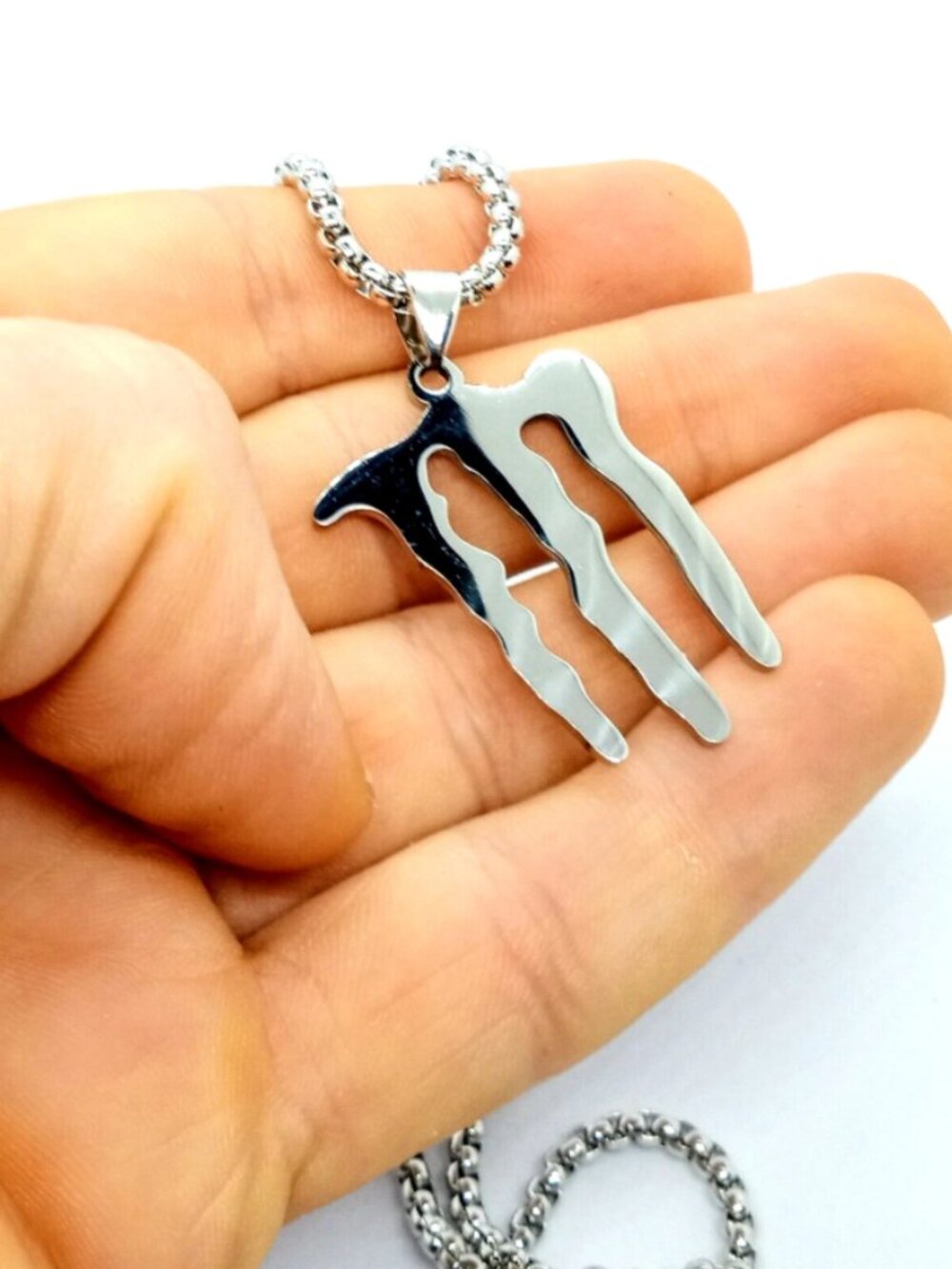 ENERGY DRINK NECKLACE - Stainless Steel "M" Logo Pendant with 23" Chain (Silver) - Picture 4 of 7